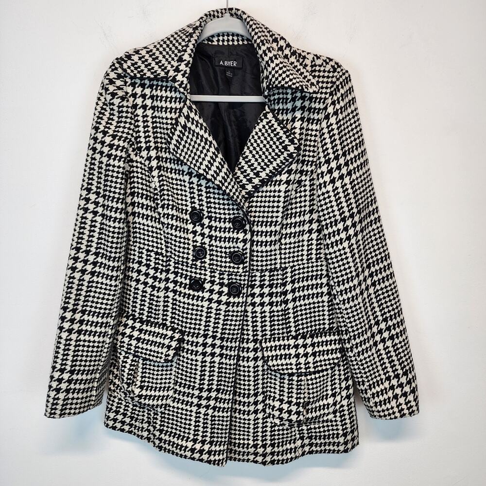 Womens Houndstooth Pea Coat Size L Black White Double Breast Vintage Y2K A Byer
